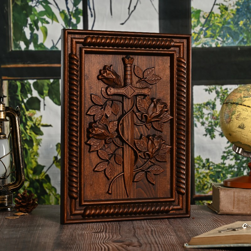 Home Decor Frames - ヴィンテージ無垢材彫刻ローズと剣の壁掛けフォトフレーム、家の装飾品