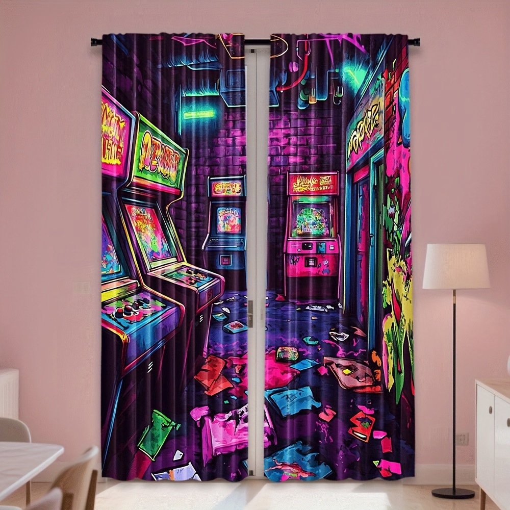 Home Decor Window Blinds - レトロアーケードグラフィティアートデザインプリントカーテン、遮光ウィンドウカーテン（家の装飾用）、ロッドポケット付き遮光カーテン（寝室用）