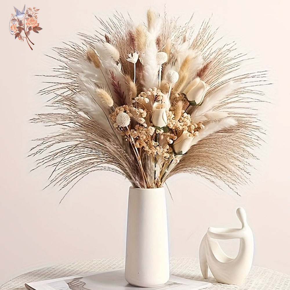 Dried Flower Bouquet - 80個入り人工ドライフラワーブーケ、インテリアホームテーブルデコレーション用、リアルタッチのフェイクローズ、ベイビーブレス、パンパスグラス、花瓶フィラー