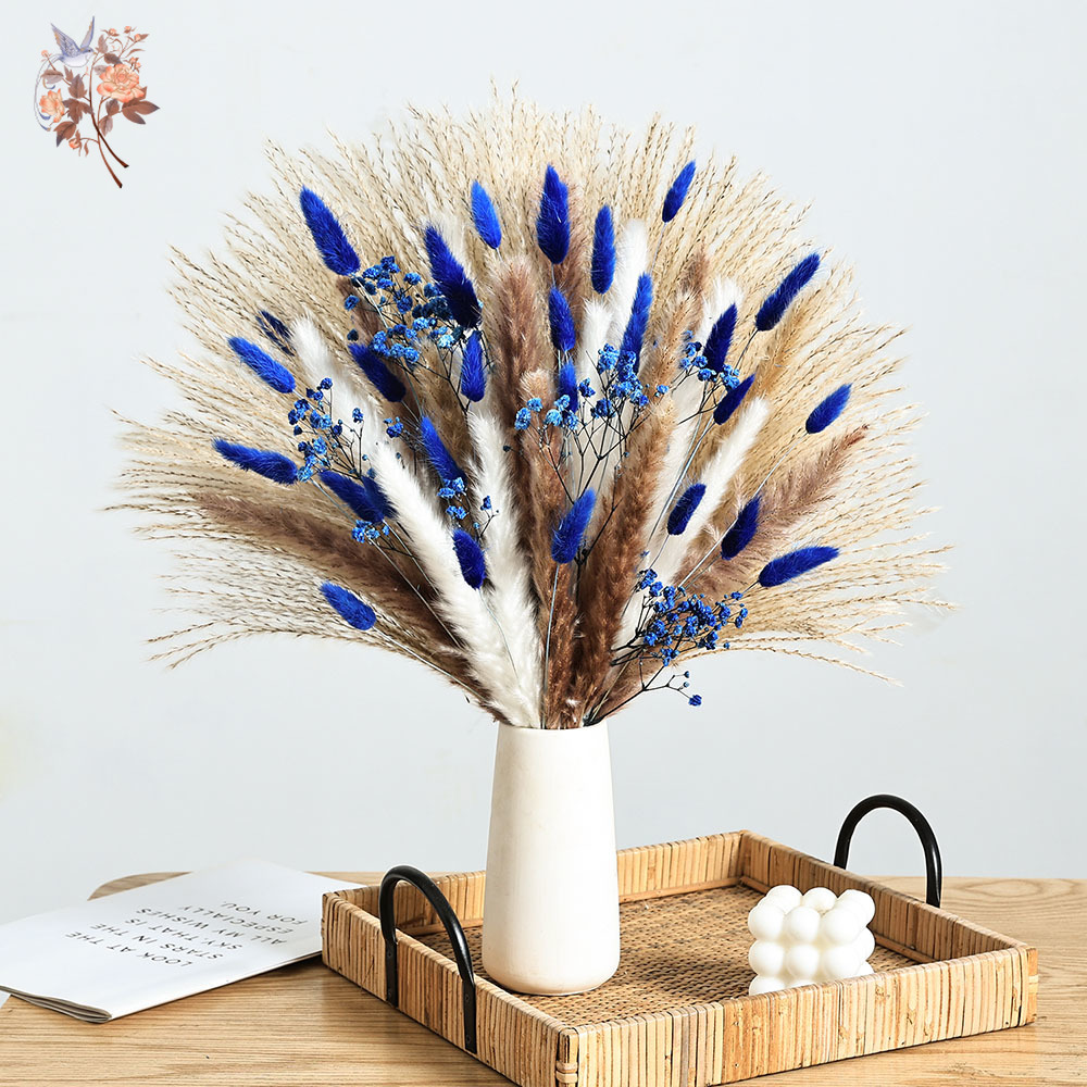 Dried Flower Bouquet - 70 茎ブルーふわふわウサギの尻尾ススキの束ドライフラワーブーケナチュラルカスミソウインテリアホームリビングルームの装飾