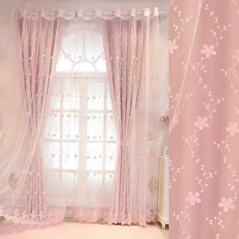 Home Decor Window Blinds - 1PC 韓国ピンク薄手のプリンセスカーテン女の子子供用リビングルーム寝室窓トリートメントロマンチックなスクリーン遮光カーテンなし
