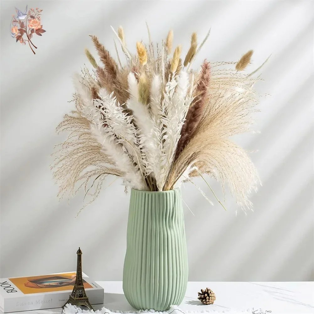 Dried Flower Bouquet - 88本の天然ふわふわドライパンパスグラス装飾花束、北欧風ホームベースフィラー、バニーテール、ウェディングテーブルセンターピース