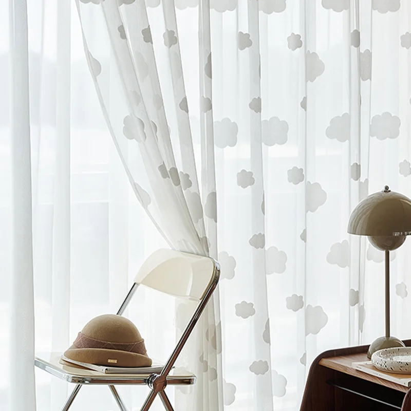 Home Decor Window Blinds - ホワイトクラウドパターン シアーカーテン 子供部屋用 かわいい保育園装飾 環境に優しいソフトチュール窓ドレープ ボイルパネル