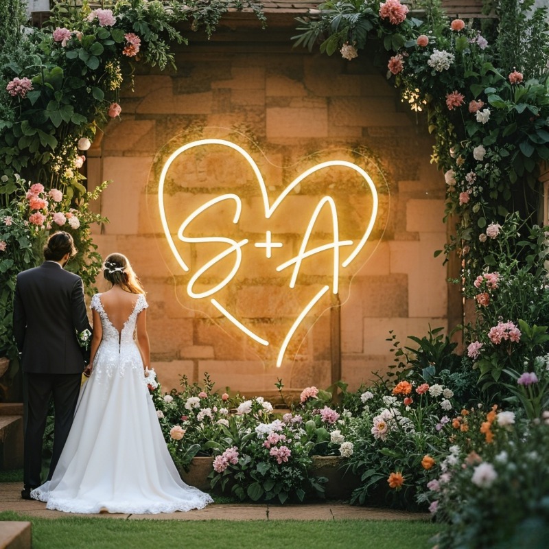 Home Christmas Decor - カスタムイニシャルハートLEDネオンサイン、結婚式パーティーの背景、家の壁の装飾、カップルへのギフト用のパーソナライズされたネームネオンライト