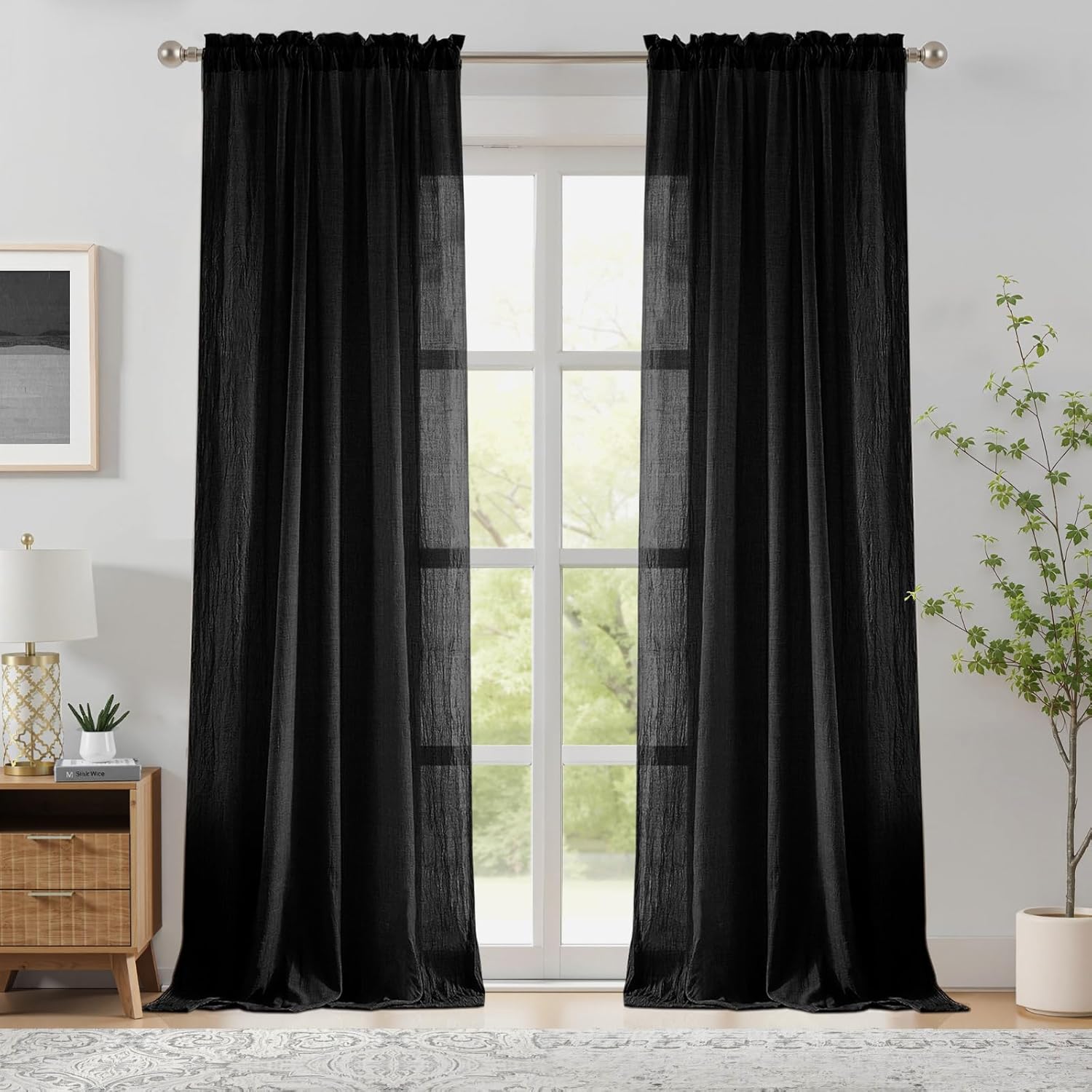 Home Decor Window Blinds - 寝室やリビングルーム用の黒のシアーカーテン、天然リネンの光を遮るシアーカーテン、ファームハウス風のロッドポケット付きボイルカーテン