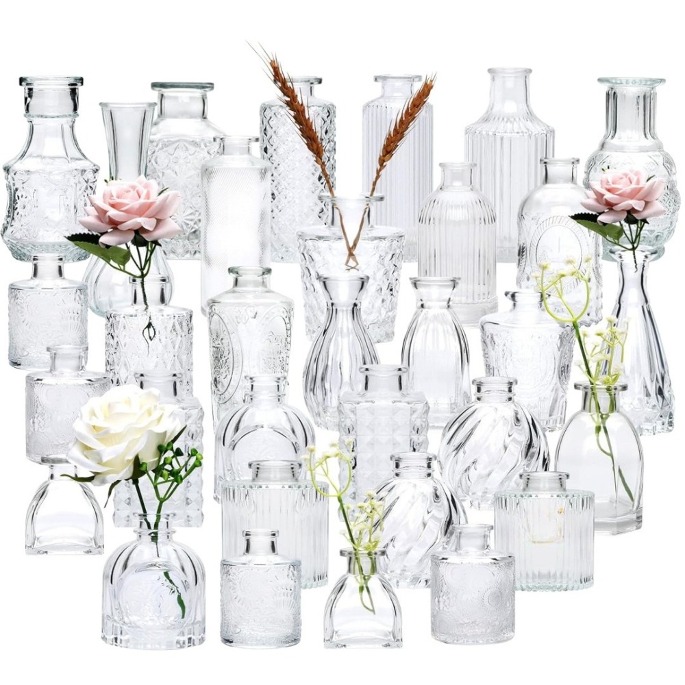 Terrarium Glass Bottle - 10 個フランスのレトロなレリーフミニガラス花瓶シンプルなデスクトップ装飾ボトル透明ストライプ花瓶ホームオフィス装飾