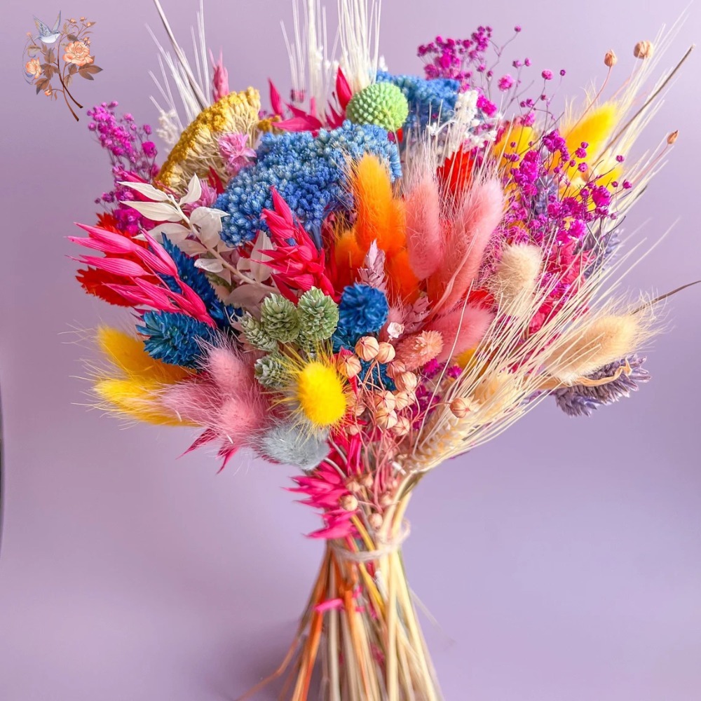 Dried Flower Bouquet - カラフルなドライフラワーウェディングブーケ花嫁用保存パンパスベビーブレスミックスブライダルブーケヘッドテーブルフローラルホームデコレーション