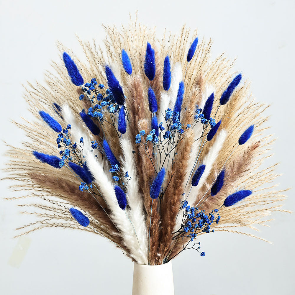 Dried Flower Bouquet - 70本入り ブルー パンパスグラス 造花 ドライフラワー 本物そっくりのカスミソウ