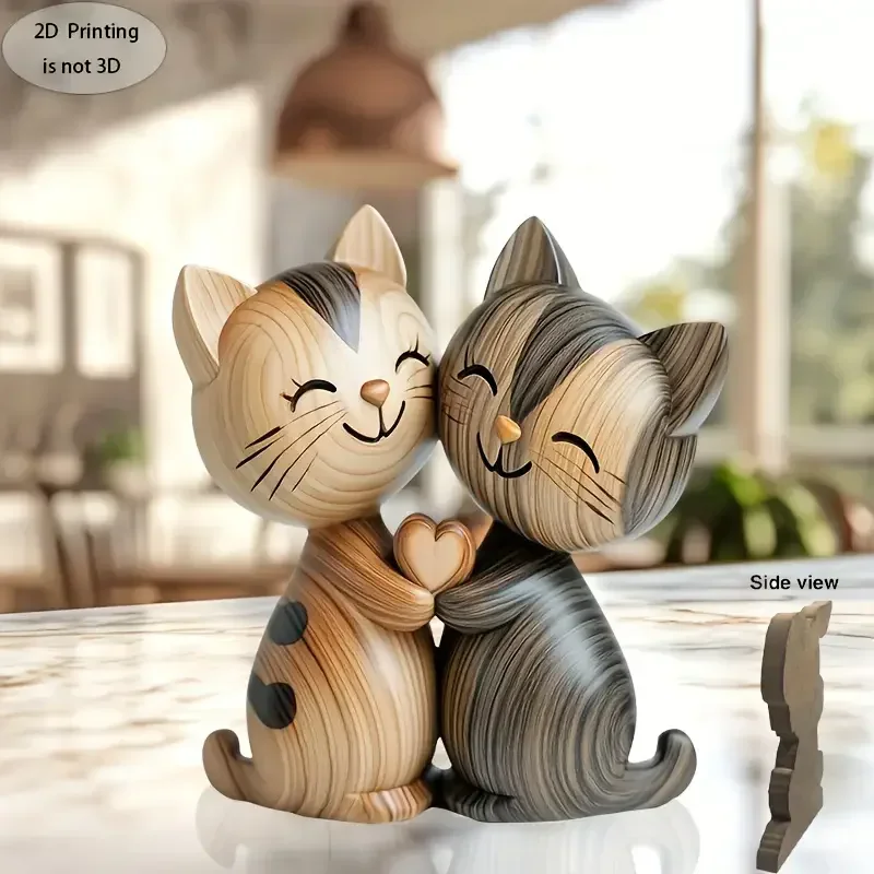 Home Decor Enthusiast - 2Dフラットキャット木製子猫犬カップル彫刻ウサギ愛好家ギフトライトとダークウッドグレインデスクトップホームデコレーション新