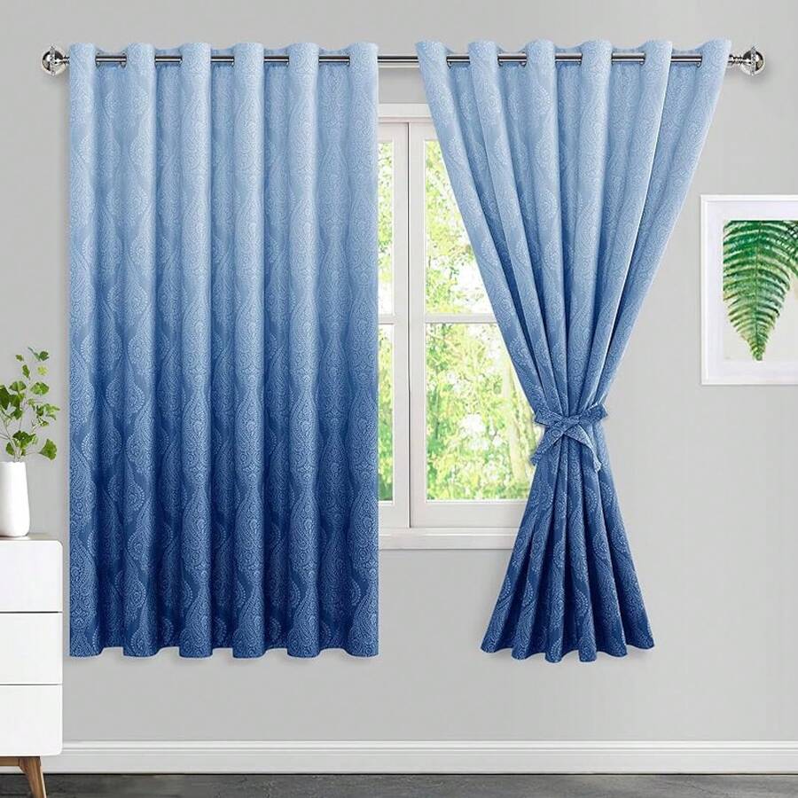 Blackout Curtains - オンブルブルーのダマスク柄遮光カーテン 52x84インチ グロメット式 断熱・遮音効果のある2枚セット タイバック付き