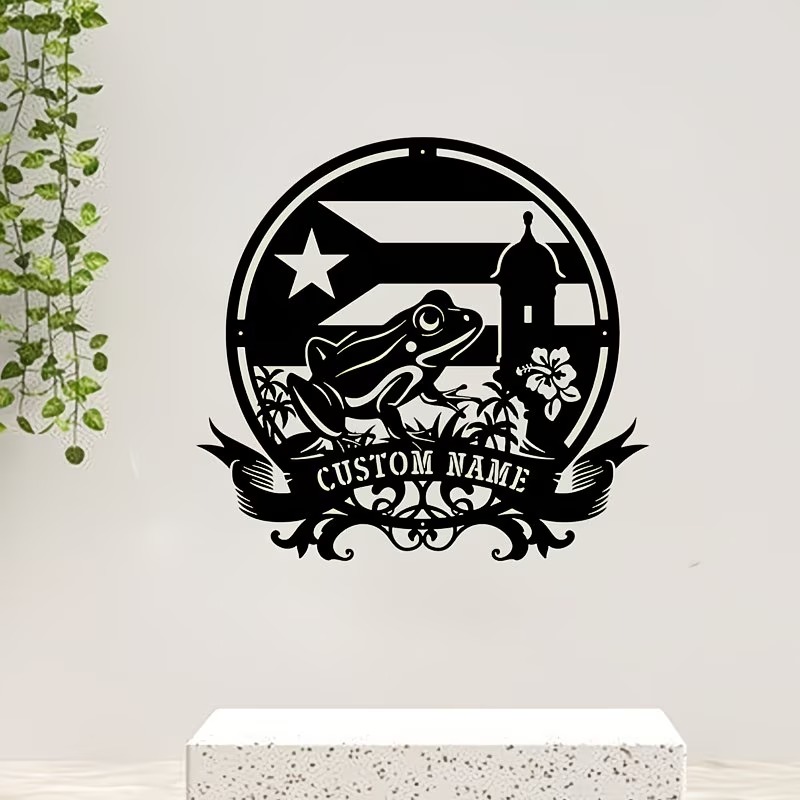 Home Decor Enthusiast - パーソナライズされたプエルトリコ地図メタルウォールアート、カエルと花柄の家の装飾サイン、プエルトリコ愛好家のための、ホリデー・クリスマスギフト