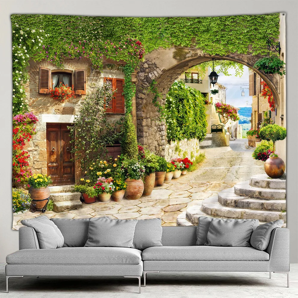 Home Decor Indonesia - 屋外の庭のポスター、中世の風景、自由な花のタペストリー、リビングルーム、寝室の背景、壁の吊り下げアートの装飾