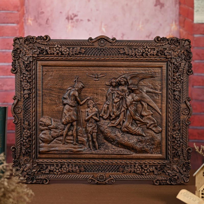 手作りの木製レリーフ壁飾り、イエスの洗礼シーンの宗教彫刻装飾 - Home Decor Frames のレビューと価格