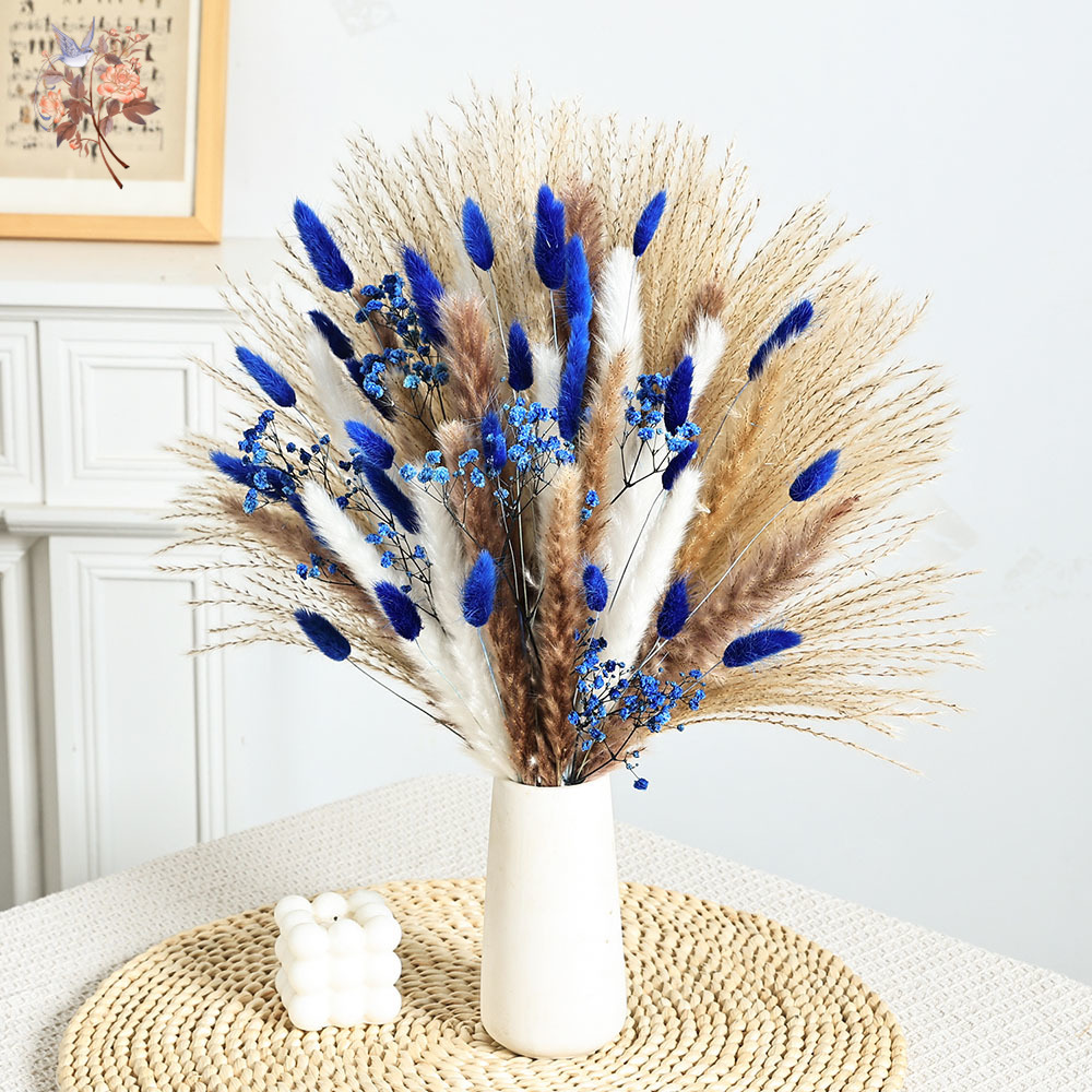 70 茎ブルーふわふわウサギの尻尾ススキの束ドライフラワーブ - Dried Flower Bouquet のレビューと価格