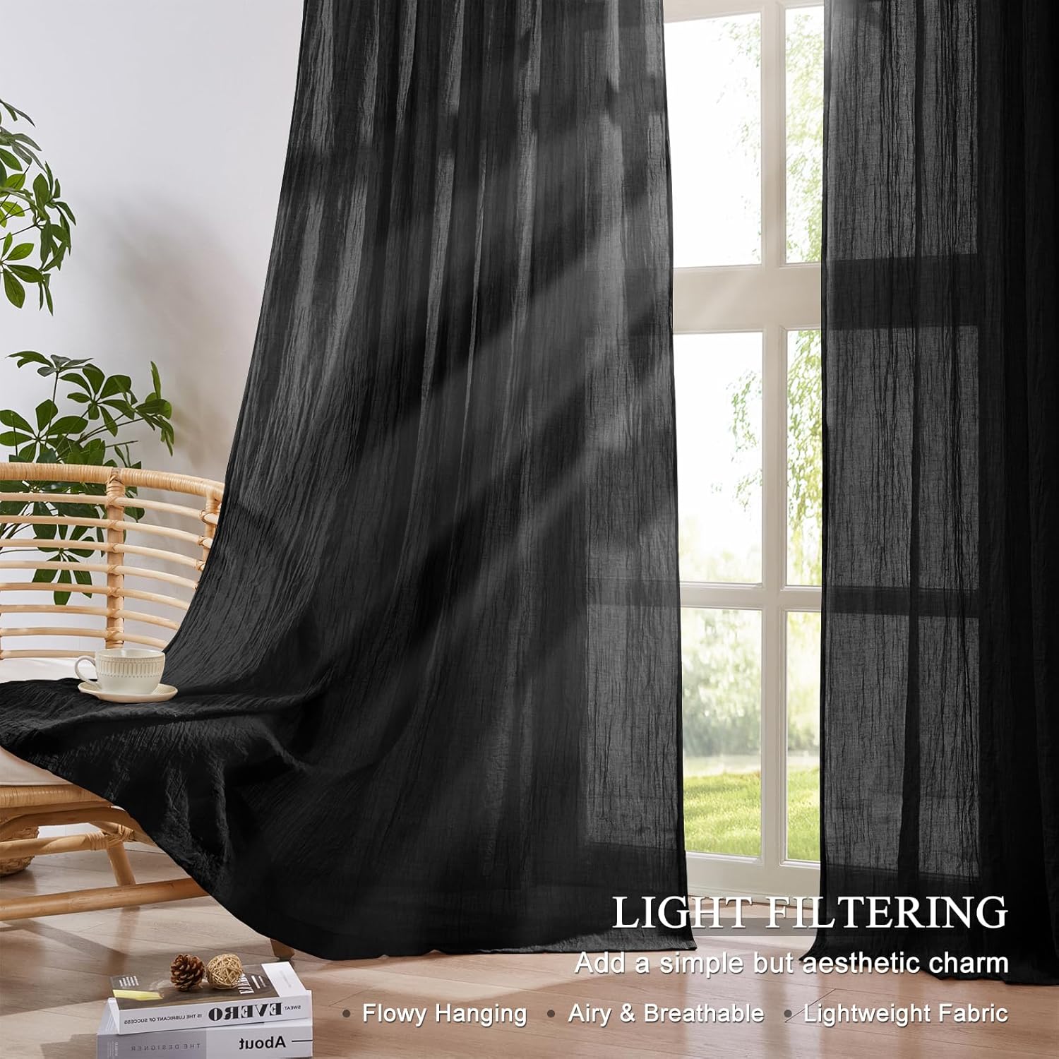 寝室やリビングルーム用の黒のシアーカーテン、天然リネンの光を - Home Decor Window Blinds のレビューと価格
