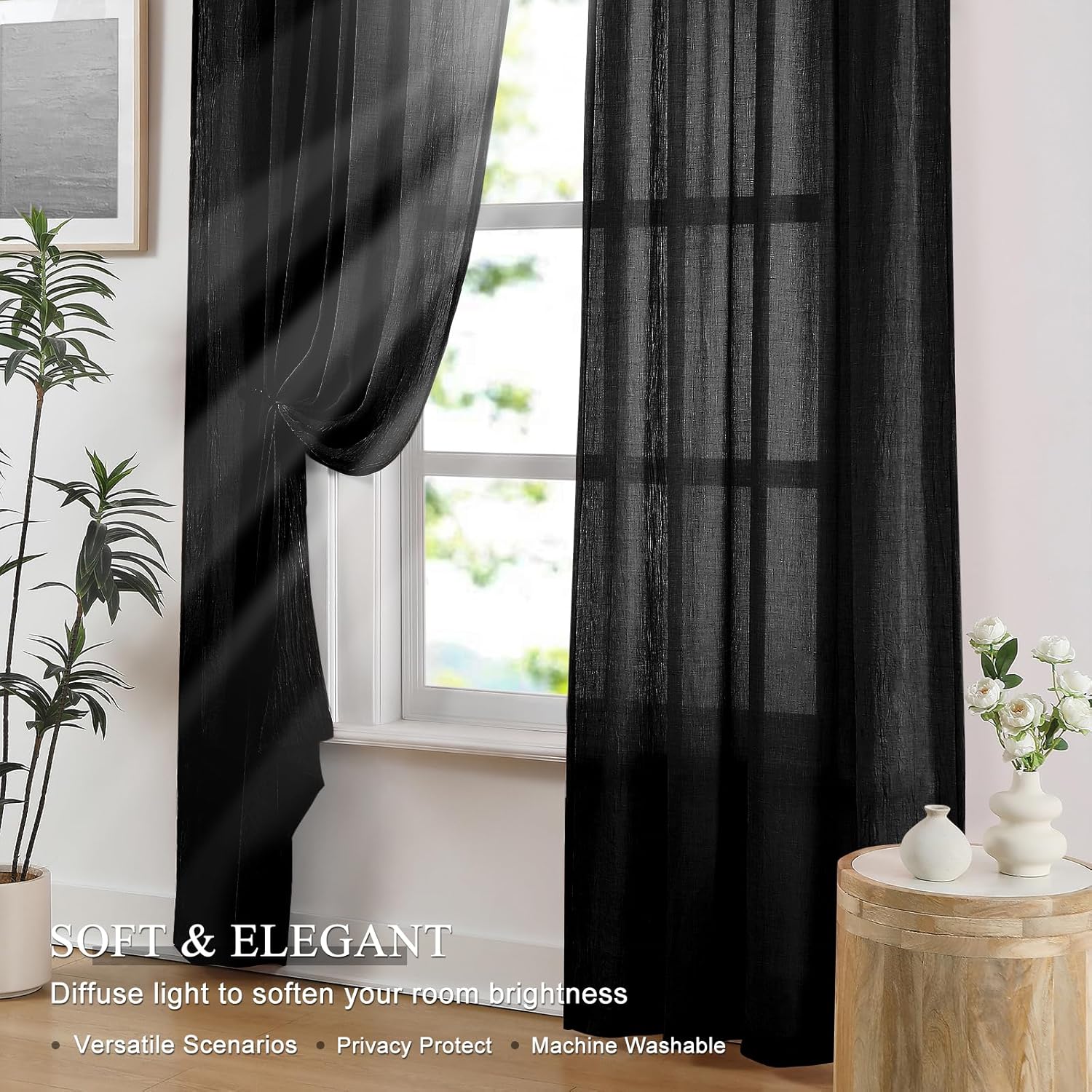 寝室やリビングルーム用の黒のシアーカーテン、天然リネンの光を - Home Decor Window Blinds のレビューと価格