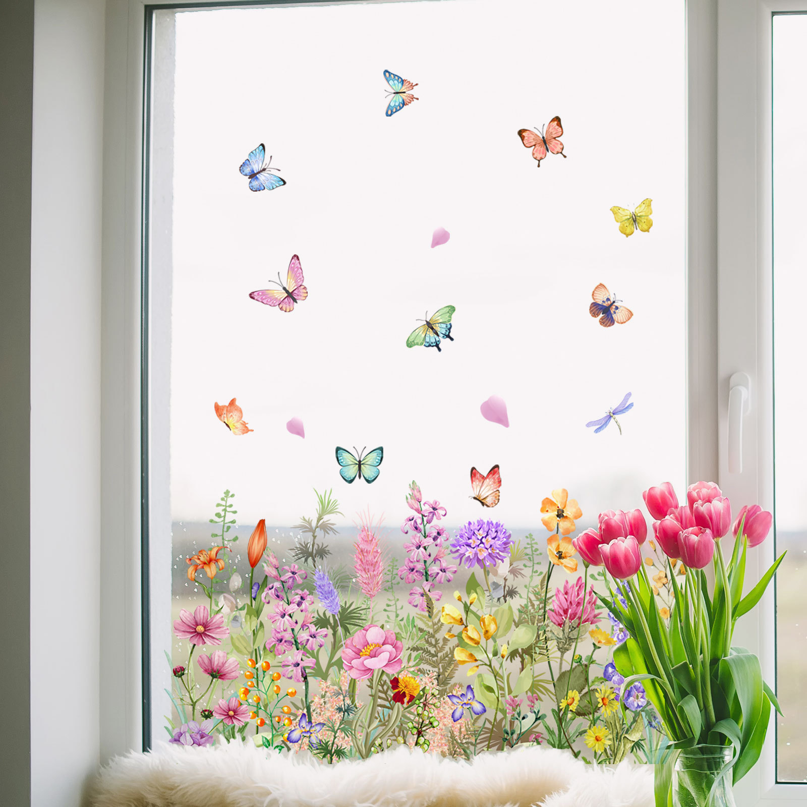 水彩色の花蝶植物ウィンドウステッカー取り外し可能寝室リビング - Home Decor Window Blinds のレビューと価格