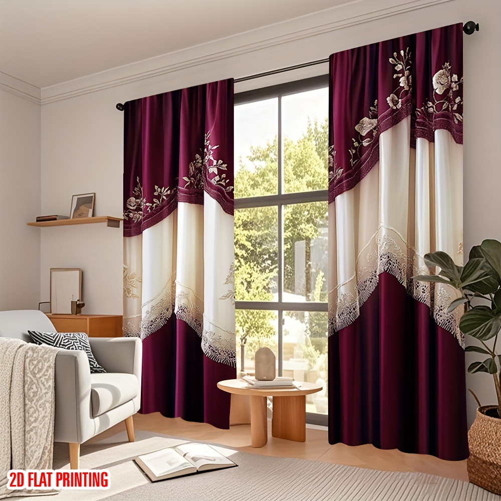 2枚組デジタルプリントカーテン、ワインレッドとライスホワイト - Home Decor Window Blinds のレビューと価格