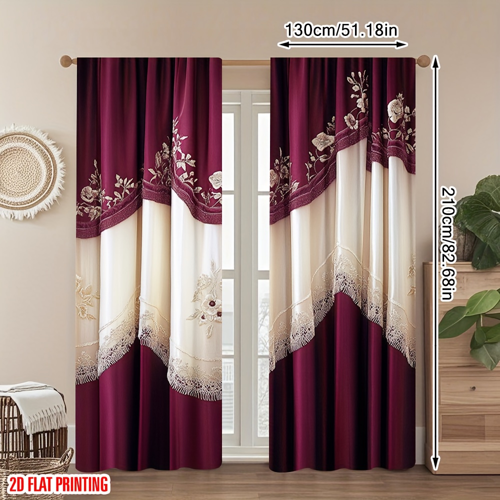 2枚組デジタルプリントカーテン、ワインレッドとライスホワイト - Home Decor Window Blinds のレビューと価格