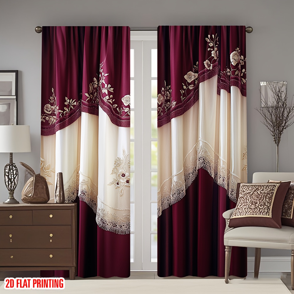 2枚組デジタルプリントカーテン、ワインレッドとライスホワイト - Home Decor Window Blinds のレビューと価格
