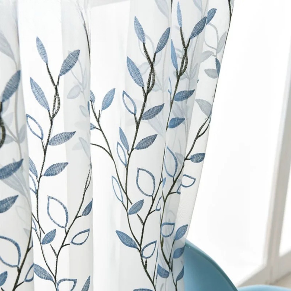 ブルーリーフ刺繍ボイルチュールカーテン用リビングルーム寝室薄 - Home Decor Window Blinds のレビューと価格