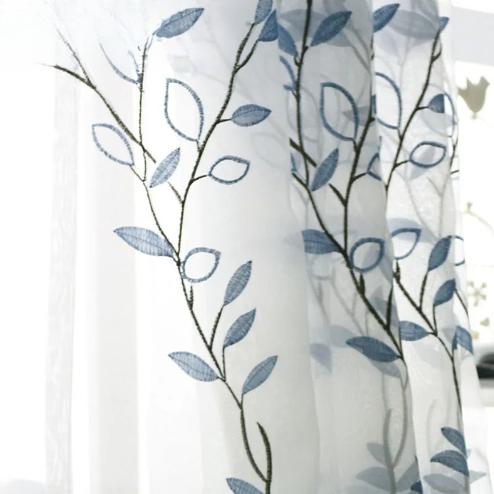ブルーリーフ刺繍ボイルチュールカーテン用リビングルーム寝室薄 - Home Decor Window Blinds のレビューと価格